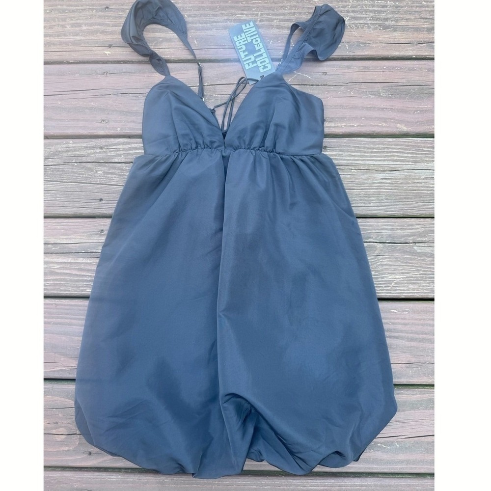 Future Collective Bubble Hem Dress Women Small Black Ruffle Strap Tie Back NWT